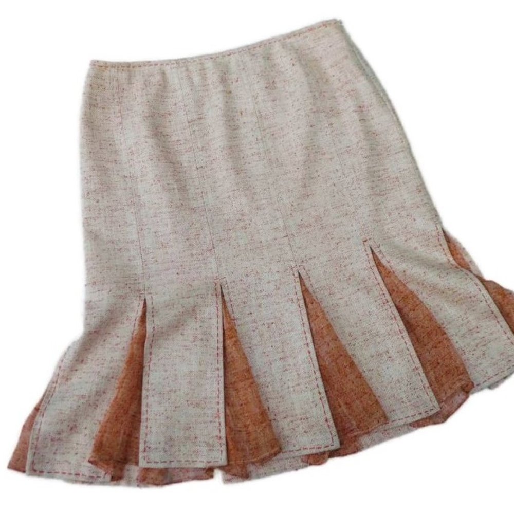 Designer Elie Tahari Tweed Skirt Orange Pigalle Viscose Silk Cotton Panel Godets - Picture 2 of 8